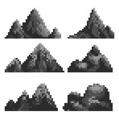 Poster - Set of pixel mountains and hills. Icons of landscape elements. Game development, mobile application. Isolated vector illustration.