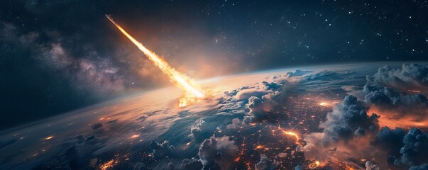 Wall Mural - a photorealistic image of a rocket launching into space, its fiery trail illuminating the night sky.