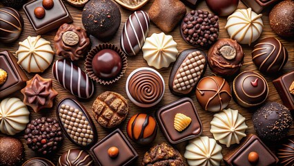 Poster - Delicious chocolate candies in a variety of shapes and flavors , candy, sweet, treats, confectionery, indulgence, dessert