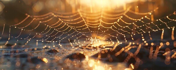 A photorealistic close-up of a spider web glistening with morning dew, each strand reflecting the world, reminding us of the intricate beauty and interconnectedness of nature.
