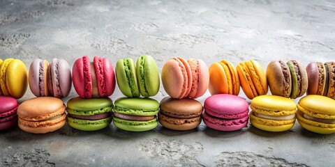 Sticker - Colorful macarons in various flavors neatly arranged on a light grey surface, french, desserts, sweets, bakery, colorful