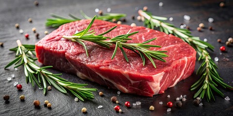 Canvas Print - Raw beef steak topped with fresh rosemary sprigs , raw, beef, steak, raw meat, rosemary, herb, seasoning, marbling, gourmet