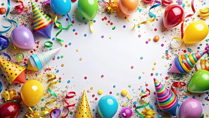 Poster - Festive border with colorful confetti, streamers, balloons, and party hats, celebration, carnival, event, festive, joy