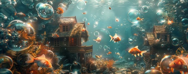 A surreal underwater scene where fish swim through the air and bubbles form houses.