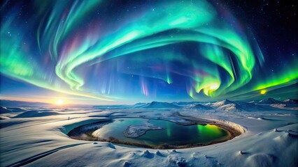 Poster - Satellite view of mesmerizing northern lights dancing over a snowy landscape, northern lights, aurora borealis, satellite