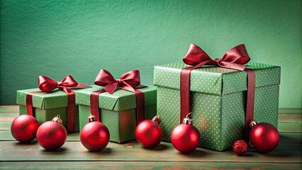 Wall Mural - Green Christmas gift boxes with red ornaments, Christmas, gift boxes, green, red, ornaments, holiday, presents