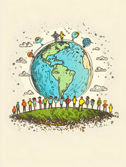 Poster - A group of people presenting eco friendly project proposals with an earth model against whimsical backdrop, symbolizing creativity, innovation, and environmental planning. 3D Flat 