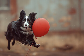 Wall Mural - A black-and-white dog, eyes wide in excitement, bounds forward with a red balloon trailing behind, blurred background enhancing the sense of motion