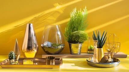 Wall Mural - Bright yellow backdrop showcasing modern style glass terrariums, metallic candle holders, and stylish decorative trays