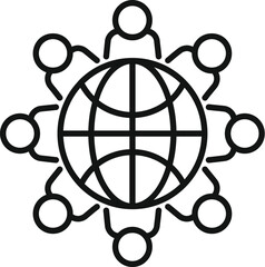 Poster - Line art icon of people holding hands around a globe, representing global unity and collaboration
