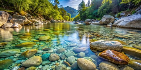 Sticker - Crystal-clear mountain stream flowing gently over smooth stones, reflecting the purity of nature in its pristine waters, mountain