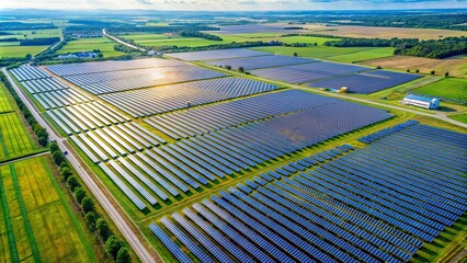 Wall Mural - Expansive solar energy farm captured in aerial perspective, solar panels, renewable energy, power, electricity