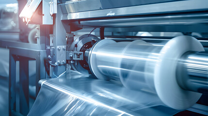 Poster - the operation of automatic plastic bag production machine with lighting effect. close-up of the roll