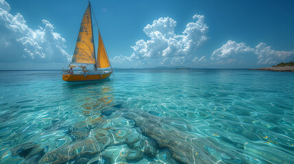 Yacht in the sea. Sailboat on clear turquoise sea, calm water, sunny day, vessel, Mediterranean, travel, sailing, leisure, blue sky, nature, peaceful, ocean, boat, marine, landscape