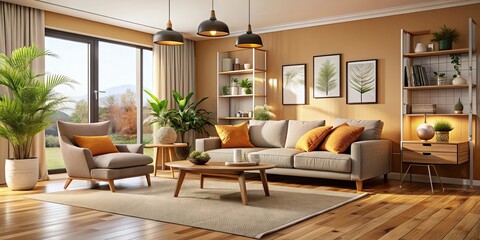 Poster - Cozy living room interior with modern furniture and warm color scheme, living room, interior, cozy, modern, furniture, warm