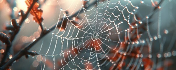 A photorealistic close-up of a spider web glistening with morning dew, each strand reflecting the world.