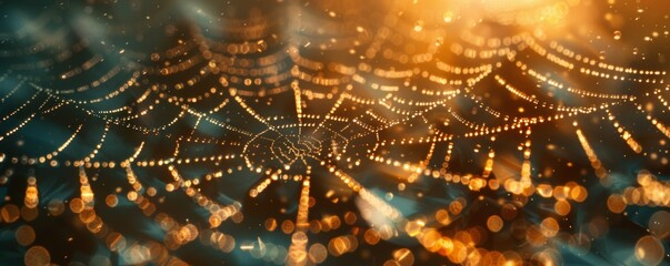 A photorealistic close-up of a spider web glistening with morning dew, each strand reflecting the world, reminding us of the intricate beauty and interconnectedness of nature.