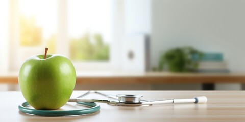 Healthy food concept. Close-up of a green apple and stethoscope on a table in an office, with a blurred background, Weight loss, diet for burning calories. Eating disorder issues.