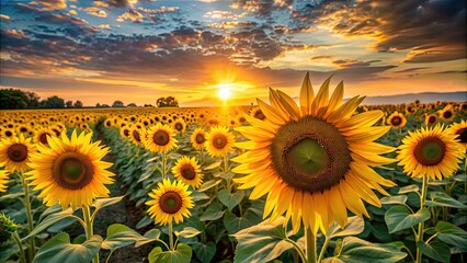 Sticker - Field of sunflowers with setting sun in background, Sunflowers, field, sunset, sun, nature, yellow, bloom, flowers, agriculture