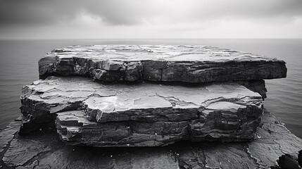 A striking black and white image of a multi-layered rock formation by the sea, under a cloudy sky, highlighting natural textures and contrasts