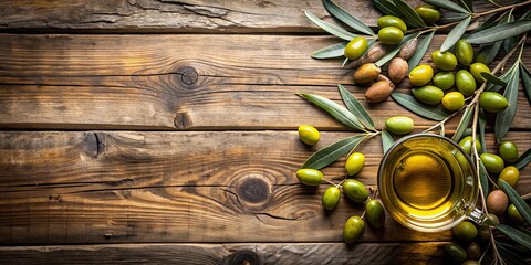 Canvas Print - Rustic wooden surface with olives, olive oil, and branches , Rustic, wooden, surface, olives, olive oil, branches, green, black