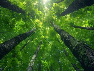 Wall Mural - Looking up at the green tops of trees