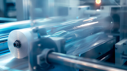 Poster - the operation of automatic plastic bag production machine with lighting effect. close-up of the roll