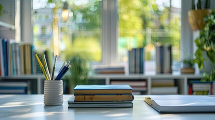 Wall Mural - white table with books, stationery and copy space in blurred study room