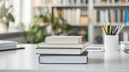 Wall Mural - white table with books, stationery and copy space in blurred study room