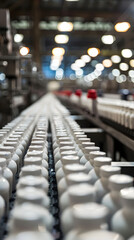 Wall Mural -  hundreds of yoghurt bottles going to camera direction on production line,