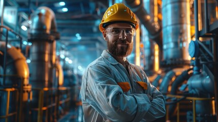 Poster - happy professional heavy industry engineer stands in a factory,