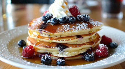 Wall Mural - A stack of fluffy blueberry pancakes with a drizzle of maple syrup, topped with fresh berries and a dollop of whipped cream