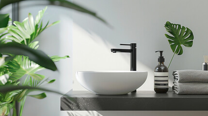 Poster - Modern Bathroom Sink with Black Faucet and Green Plants.