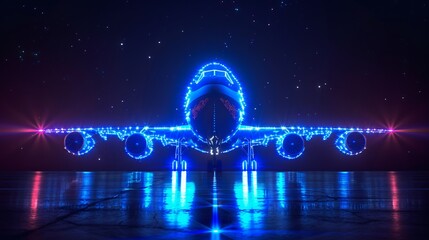 A 3D model airplane with blue lights and glowing neon particles