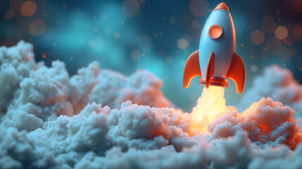 Poster - A cartoonish rocket with blue and orange colors, launching from fluffy clouds, with a bokeh effect of lights in the background, creating a dreamy scene