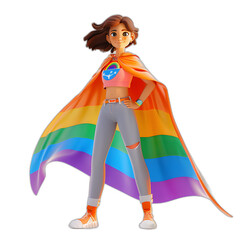 A vibrant 3D female character with a pride flag cape, radiating joy and pride on a plain white background