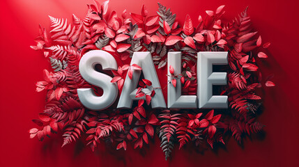 3D white SALE text surrounded by detailed, red-toned foliage, set against a rich red background for a festive and attractive sales display