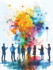 Poster - 3d flat icon of people discussing watercolor business forecasts with tablets whimsical background fo