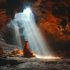 Poster - Monk Meditating in Illuminated Cave Seeking Spiritual Enlightenment in Nature