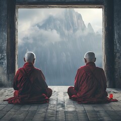 Poster - Two Monks Engaged in a Respectful Debate and Exchange of Ideas in a Tranquil Monastery Setting