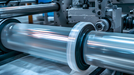 Poster - automatic polyethylene plastic bag production machine with lighting effect. close-up of the roller o