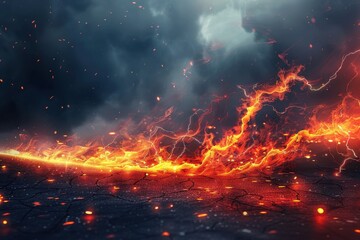 Wall Mural - A fire is burning in the ocean, with the flames reaching up into the sky