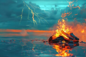 Wall Mural - A fire is burning on a pile of rocks in the water