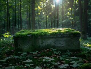 Poster - Forgotten Moss Covered Grave in Overgrown Forest with Dappled Sunlight