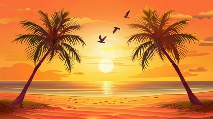 Wall Mural - Palm trees sunset beach scene. Tropical scene with palm trees on sandy beach and golden sunset over ocean.