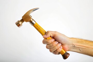 hand hold metal hammer isolated on white background