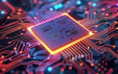 Wall Mural - Close-up view of a glowing microchip on a circuit board, representing advanced technology and innovation in electronics processing.