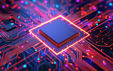 Poster - A close-up image of a glowing microchip on a vibrant, futuristic circuit board, showcasing advanced technology and innovation.