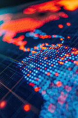 Poster - Close-up of a digital world map with glowing dots representing data points and network connections, illustrating global communication and connectivity.