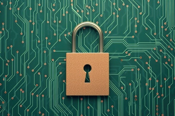 Wall Mural - Golden padlock on a green electronic circuit background symbolizing cybersecurity, data protection, encryption, and secure digital communication.